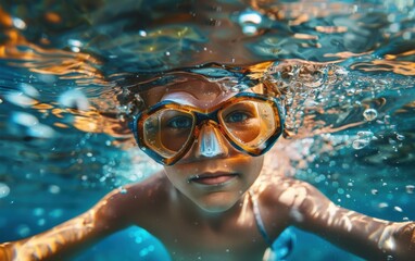 Naklejka premium A young child with a snorkel mask explores the depths of the ocean, surrounded by sunlight and bubbles