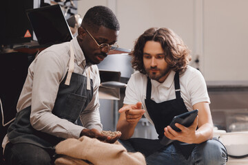 Business import and export of coffee beans, web shop of food industry. Barista and owner man...