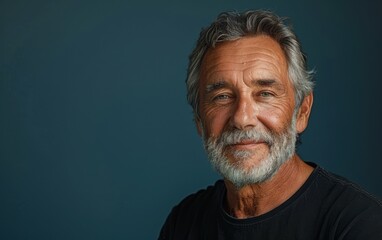 Obraz premium A portrait of a happy senior man with gray hair and a beard, smiling against a solid blue background