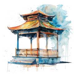 Pavilion watercolor illustration isolated on transparent. png file for art work, posters, posters, cards, holiday decor.