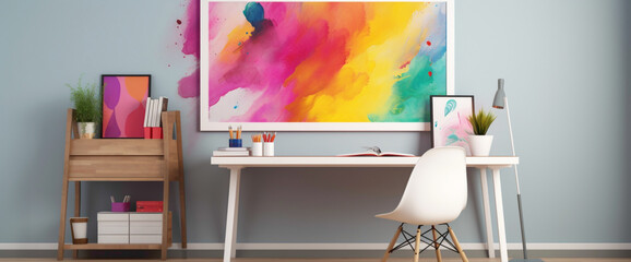 Step into a room adorned with a vibrant illustration framed in white, accentuated by vibrant color splashes. 
