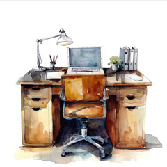 Old desk with a table and chairs watercolor illustration isolated on transparent. png file for art work, posters, posters, cards, holiday decor.