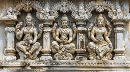 Three statues of women are sitting on a wall