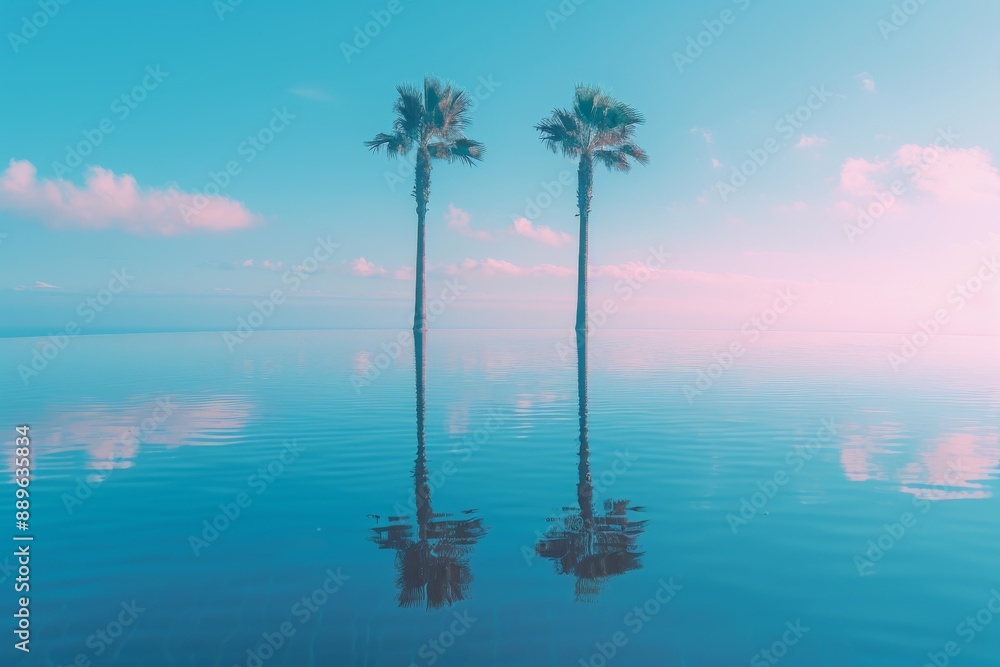Poster twin palm trees reflecting in the calm ocean at sunset creating a mirror image