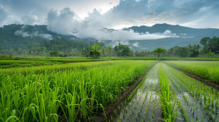 Fototapeta premium A field of green grass with a cloudy sky in the background
