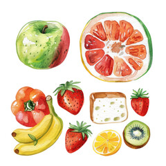 Set of fruits watercolor illustration isolated on transparent. png file for art work, posters, posters, cards, holiday decor.