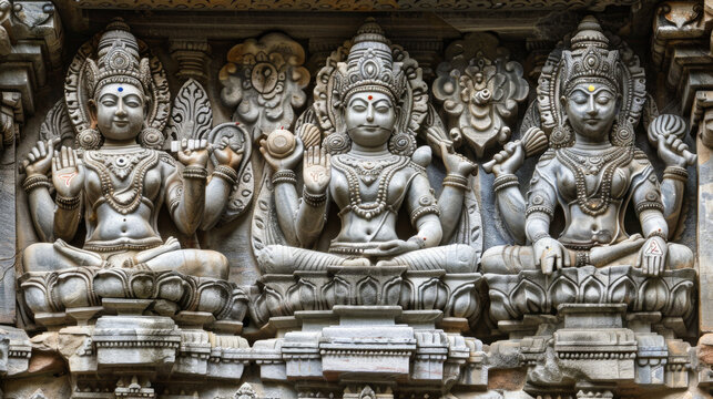 Three statues of women are sitting on a wall