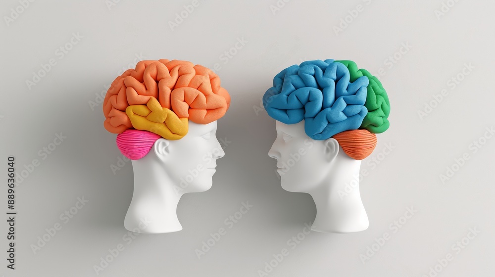 Aufkleber two heads with colorful brains on a white background. the heads are connected by a string. the idea 