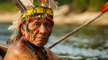 A man wearing a headdress and holding a bow and arrow