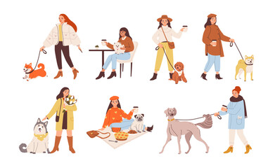 People with dogs on a walk. Walking dogs of different breeds. Pet owner set. Flat vector illustration