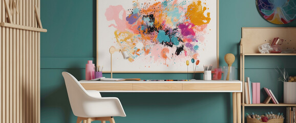 Step into a room adorned with a vibrant illustration framed in white, accentuated by vibrant color splashes. 