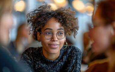 A young woman with curly hair and glasses smiles while engaged in a conversation with a coworker in a cafe