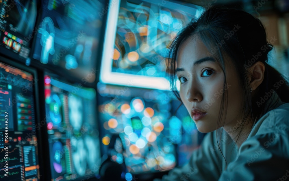 Poster a young woman looks intently at a computer screen, illuminated by the blue glow of multiple monitors
