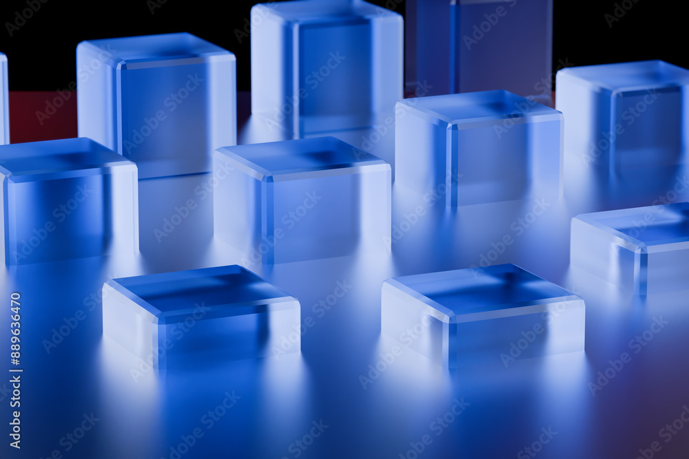 Poster blue translucent cubes arranged on a reflective surface under soft lighting. 3d rendering
