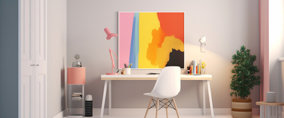 Step into a room adorned with a vibrant illustration framed in white, accentuated by vibrant color splashes. 