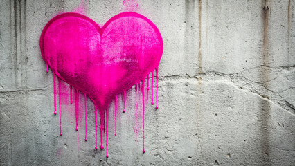 Vibrant pink heart shape graffiti on a concrete wall with a visible spray paint drip running down, leaving a blank space for text or design elements.