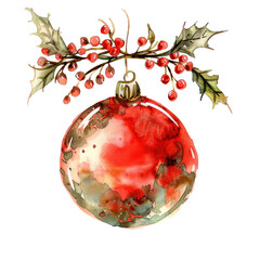 Red Christmas ball with holly watercolor illustration isolated on transparent. png file for art work, posters, posters, cards, holiday decor.
