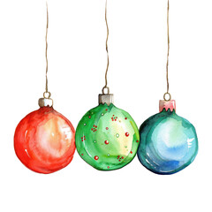 Set of christmas balls with holly watercolor illustration isolated on transparent. png file for art work, posters, posters, cards, holiday decor.