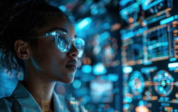 A young African American woman wearing glasses looks intently at a screen filled with data, likely analyzing cybersecurity information - Powered by Adobe
