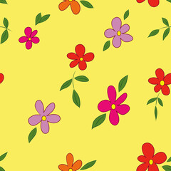 Digital pixel seamless pattern with colorful and fun flower and leaf motifs, with a childish aesthetic, with a light yellow background