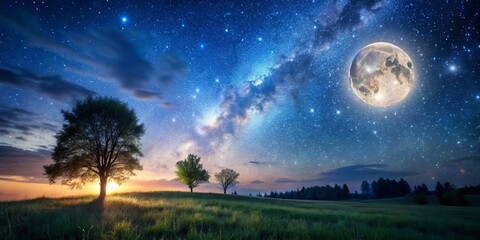 Fototapeta premium Night Sky Landscape with Full Moon and Milky Way, Landscape Photography, Night Sky Photography, Milky Way, Stars , night sky, milky way