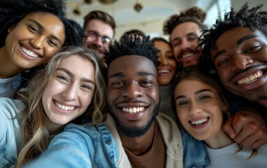 Fototapeta premium A group of friends take a selfie inside a home, smiling and laughing together