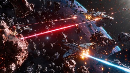 Obraz premium A fierce space battle with starships exchanging laser fire amid an asteroid field.