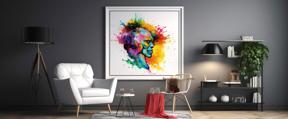 Step into a modern creativity haven featuring a blank white frame displaying a vibrant illustration. 