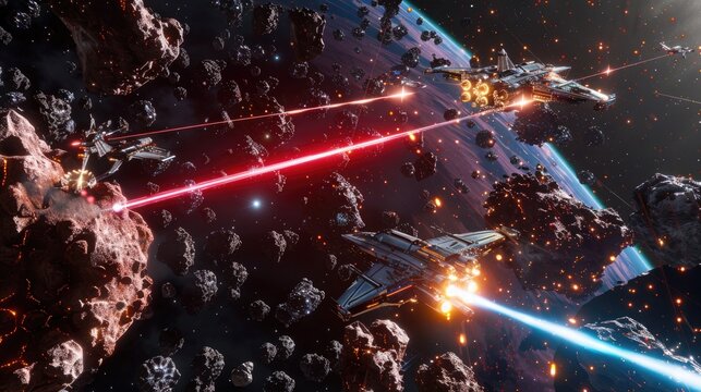 A fierce space battle with starships exchanging laser fire amid an asteroid field.