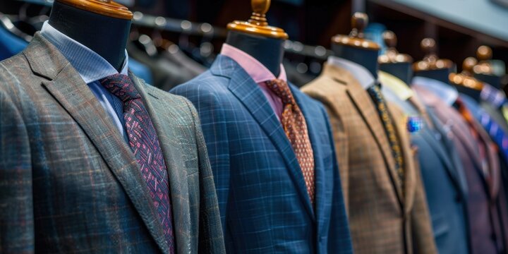 A row of business suits on mannequins, professionally and formally styled, with focus on details such as ties and shirt collars, in an office setting Generative AI