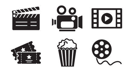Cinema icons set. clapper board, film, movie, video and other. Popcorn box, movie, Flat style,