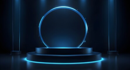 Blue Technology Podium background light studio scene stage future platform game abstract with a circle glow effect.