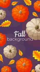 Cozy autumn background with pumpkin and leaves. Cute background design with yellow leaves and classic pumpkin. Autumn background design with purple background