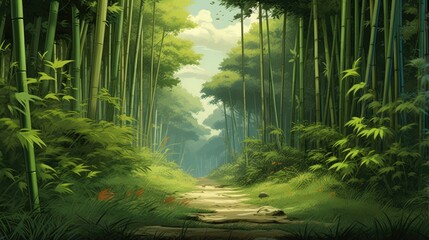 Tranquil Path Through Lush Bamboo Forest.