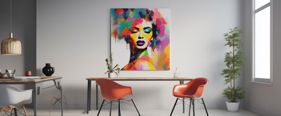 Step into a contemporary creativity hub adorned with a blank white frame housing a vibrant illustration. 