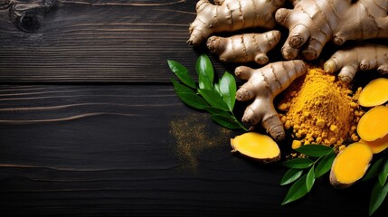 Fototapeta premium Turmeric and Ginger Roots on Rustic Wooden Background