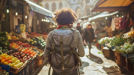 Obraz premium Curlyhaired Traveler Wanderlust Adventure in Colorful Market Street Fresh Produce Local Life Vibrant Atmosphere Stock Image