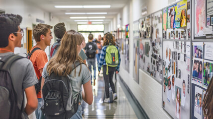 Students in a high school hallway with backpacks observing bulletin boards filled with photos and information