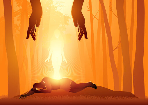 Biblical illustration series, second chapter of Genesis, Eve was created by God by taking her from the rib of Adam