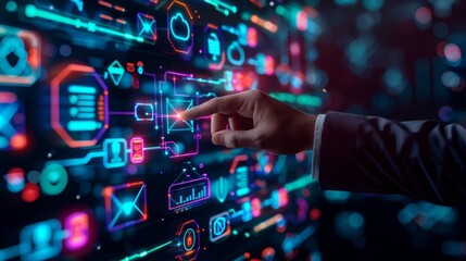 Digital Vision Business Executive Embracing Futuristic Technology in Neonlit Office Environment