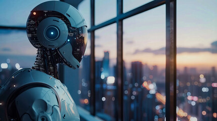 Fototapeta premium Futuristic robot overlooking city skyline at dusk through large windows, highlighting advanced technology and AI in modern urban environment