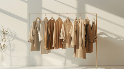 Ethical Elegance: Earth Tone Sustainable Clothing Collection on Minimalist Rack with Eco-Friendly Fashion Concept in Soft Natural Colors and Clean Lines