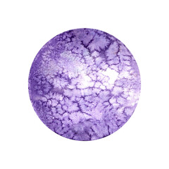 Circle, purple watercolor texture. Watercolor illustration. Abstract ball, planet. Sphere with gradient and pattern. Monochrome background for card, poster, invitation, banner