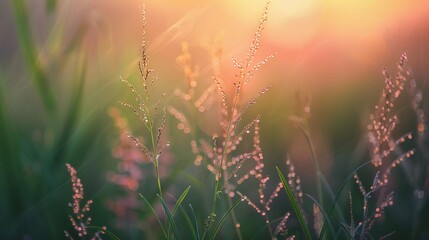 macro photography of a green grass with morning dew for quotes background