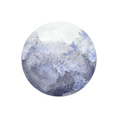 Circle, gray-blue watercolor texture. Watercolor illustration. Abstract moon, full moon. Sphere with gradient and pattern. Monochrome background for card, poster, invitation, banner