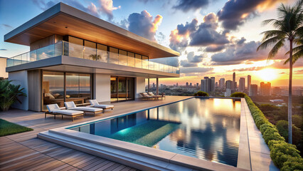 Fototapeta premium Luxurious modern villa features a sleek private rooftop infinity pool blending seamlessly with the breathtaking Miami skyline backdrop in warm Florida sunlight.