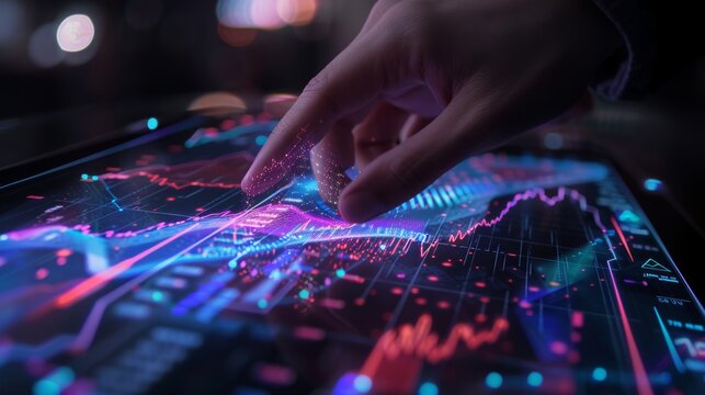 TechSavvy Finance Hand Interacting with Holographic Stock Market Data on Transparent Screen Innovative Financial Analysis Concept