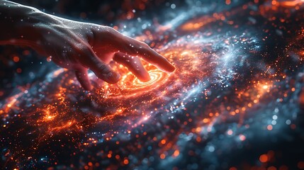  Hand touching a spinning data flow, data flow processing visualization background 