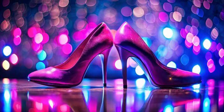 Pink High Heels on a Reflective Surface with Colorful Bokeh Lights, shoes, high heels, bokeh, fashion