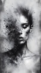 Black and white watercolor of a woman's face, with splattered ink